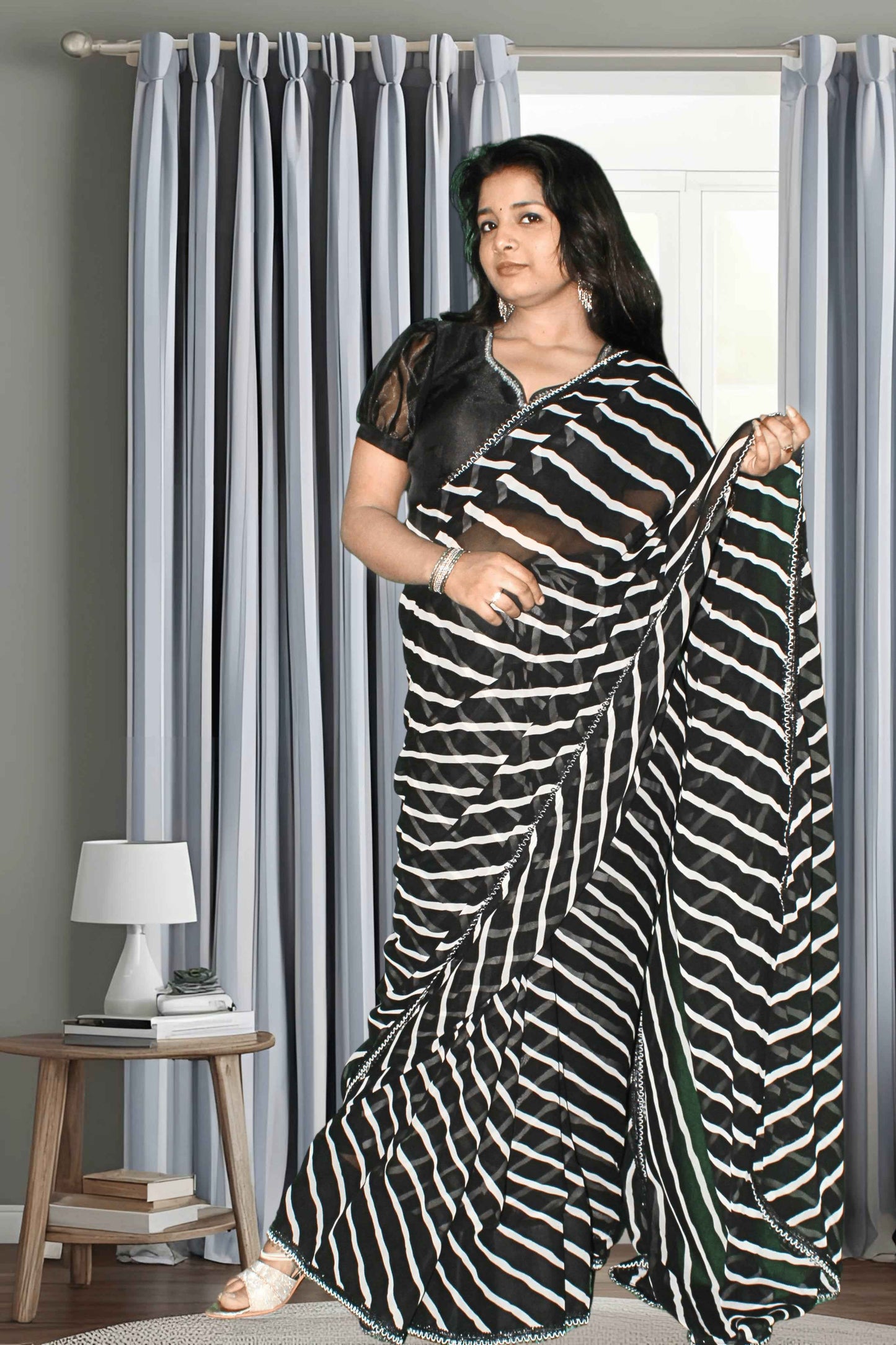 Midnight Elegance Black & White Lahariya saree with Blouse