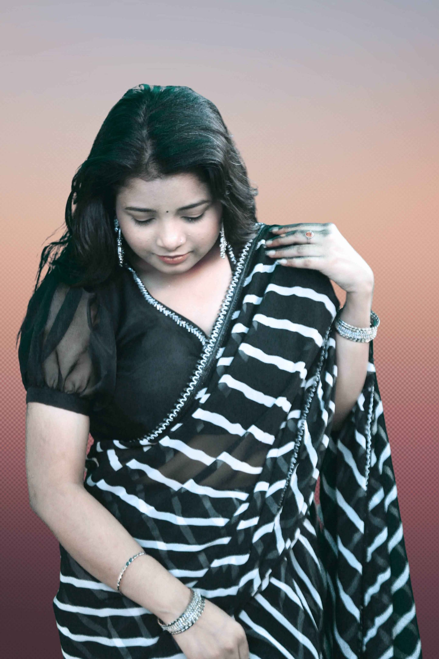 Midnight Elegance Black & White Lahariya saree with Blouse